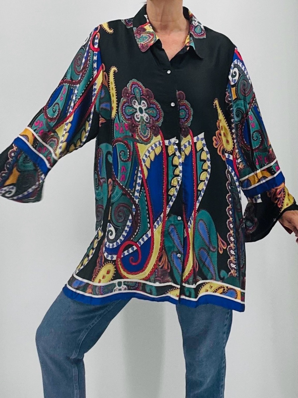 Vintage Y2K Artsy Boho Paisley Abstract Print Satin Rhinestone Tunic Top Size 1X - Picture 6 of 13